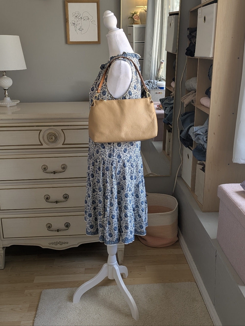 Valentina Taupe Pebbled Leather Satchel Clutch Bag Purse